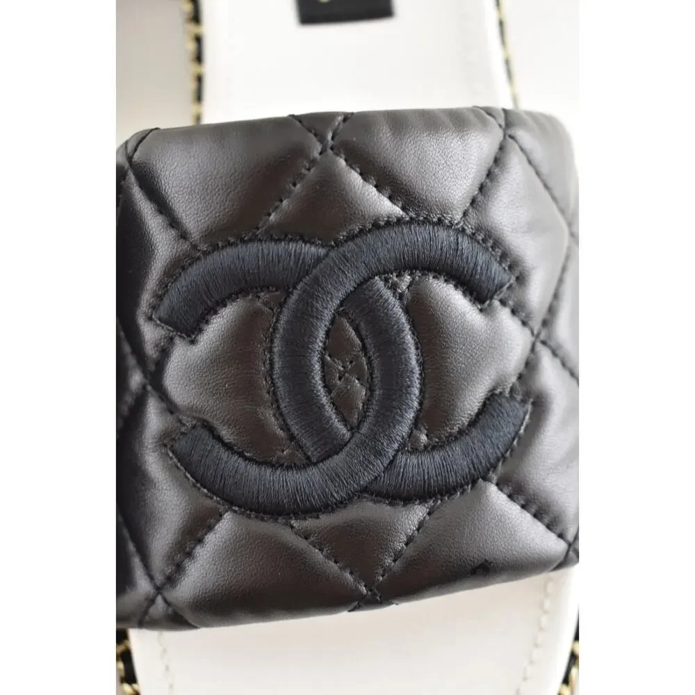 Chanel 25P Black Quilted Leather Chain CC Logo Mule Slide Sandal Block Heel 40